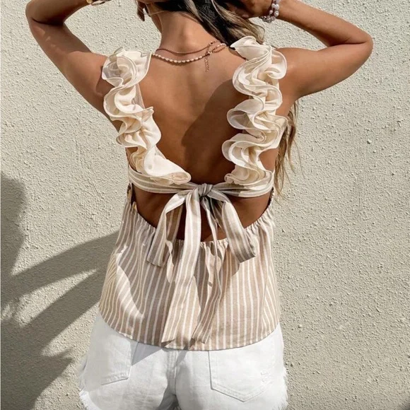 Classic Ruffle Back Striped Print Peplum Top Blouse Shirt - Picture 4 of 10